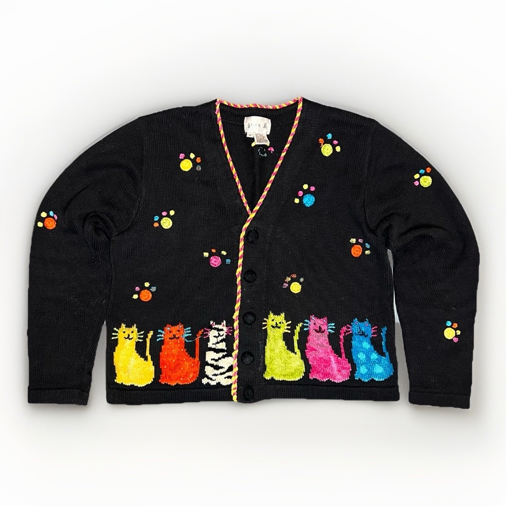 Just B Cat Lovers Cardigan Sweater 90s Y2K Oversized Cottagecore Knitted Large